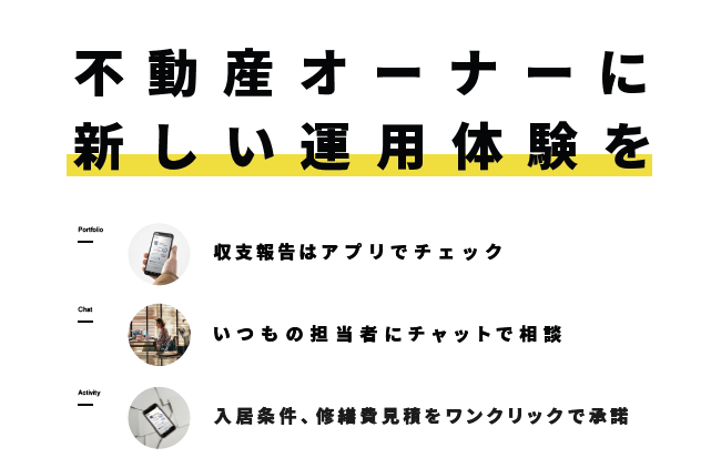 WealthParkサービス概要の画像1:不動産オーナーに、新しい運用体験を。【Portfolio】収支報告はアプリでチェック。【Chat】いつもの担当者にチャットで相談。【Activity】入居条件、修繕費見積をワンクリックで承諾。